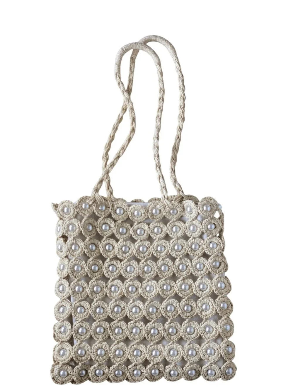 Haute Hippie Knit Crochet Shoulder Bag Pearl Accents Neutral Boho Chic